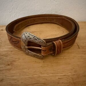 Tony Lama Tan Floral Tooled Leather Belt with Ornate Silver Buckle. Size 36.